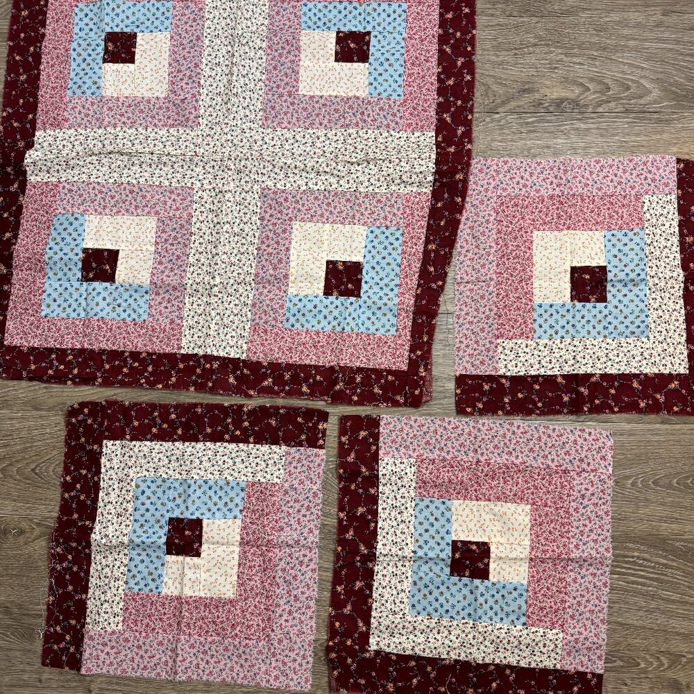 Vintage Handmade Set of 4 Pillow Square Fabric Cotton Panel Flowers Farmhouse